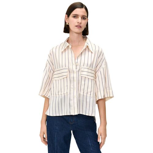 Veronika Maine Cream Stripe Pocketed Shirt